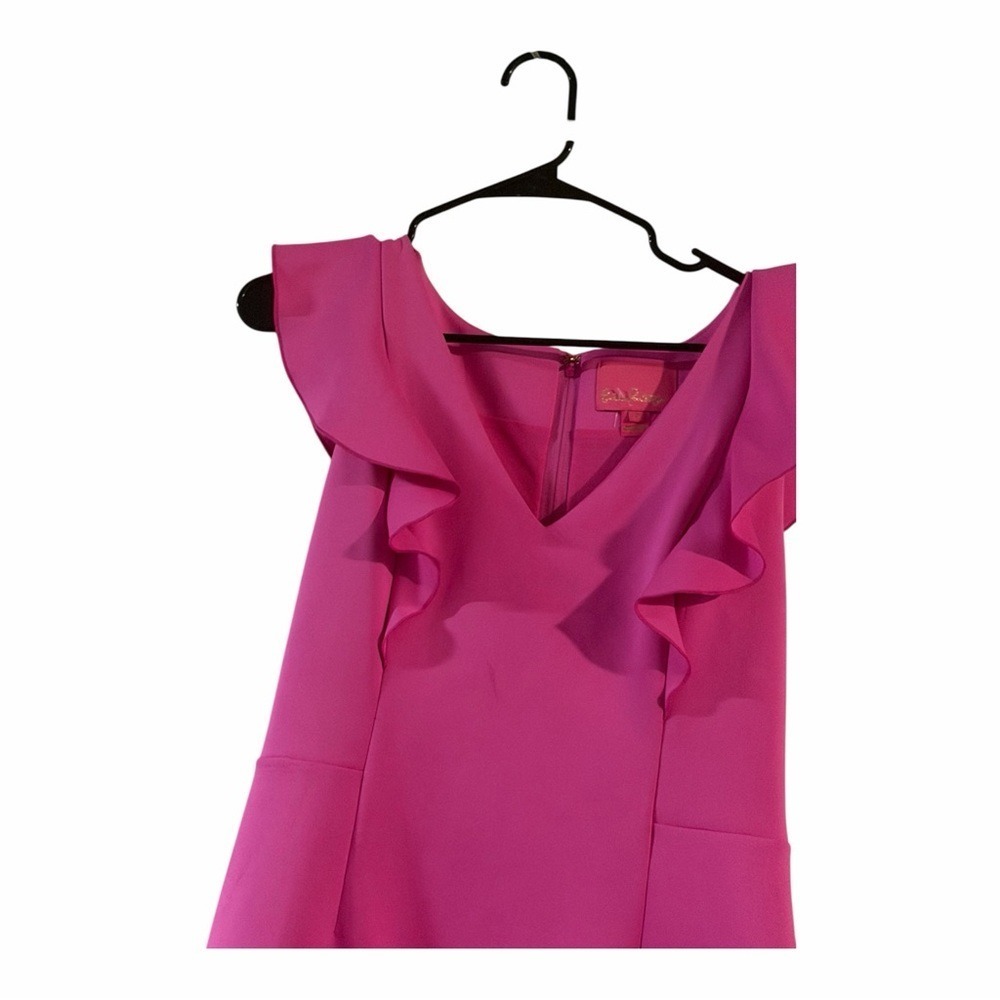 Lilly Pulitzer Sicily Shift Dress in Mandevilla Pink Ruffle Sleeve V-Neck Size 8 - Picture 5 of 7